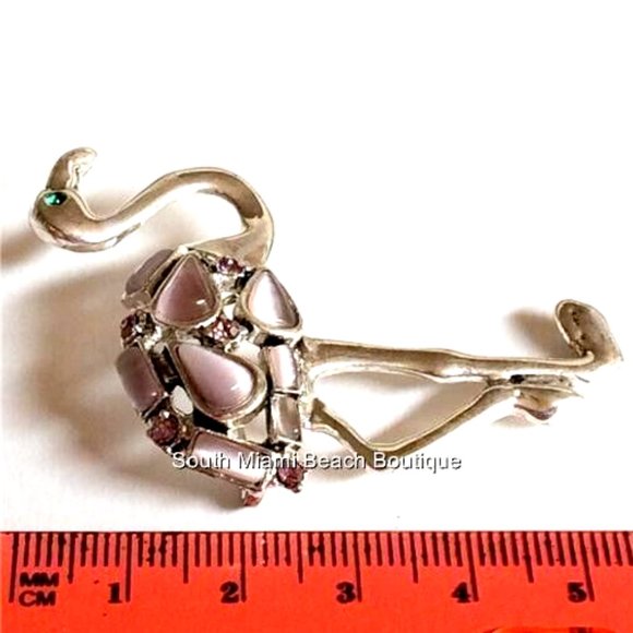 Vintage Flamingo Pin Brooch Silver Plated Purple Cats Eye Crystal Bird Ostrich - Picture 7 of 7